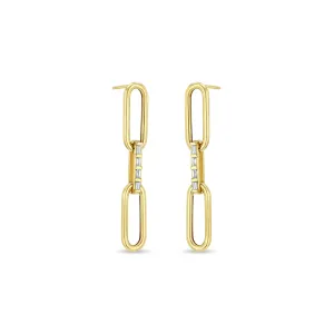 14k Large Paperclip Chain with Baguette Diamond Link Drop Earrings
