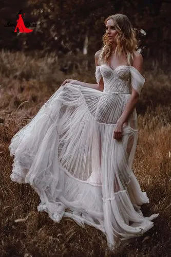 Anneprom Bohemian A Line Tiered Tulle Wedding Dresses with Appliques APW0342