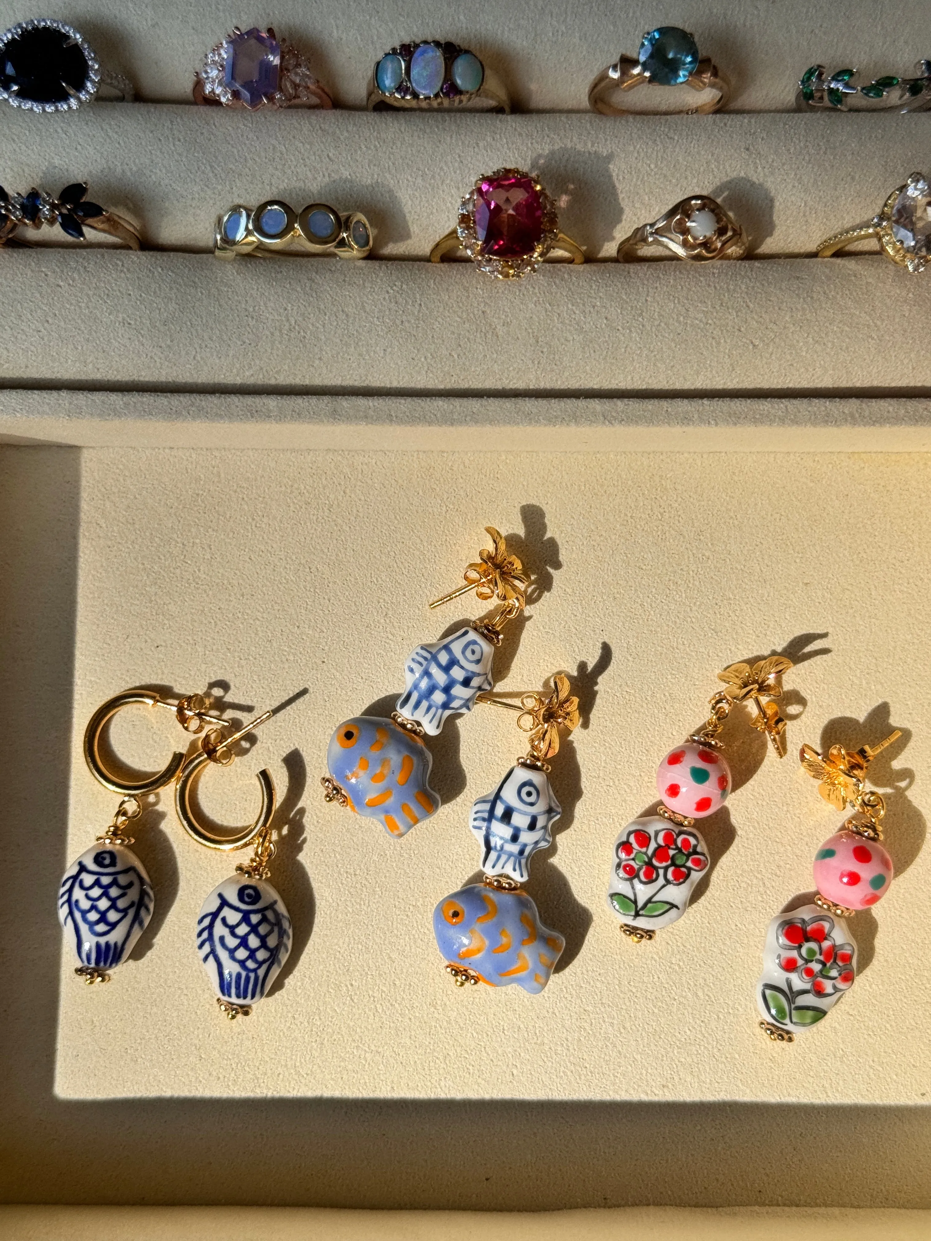 Chinoiserie Fish Painted Porcelain Hoop Earrings