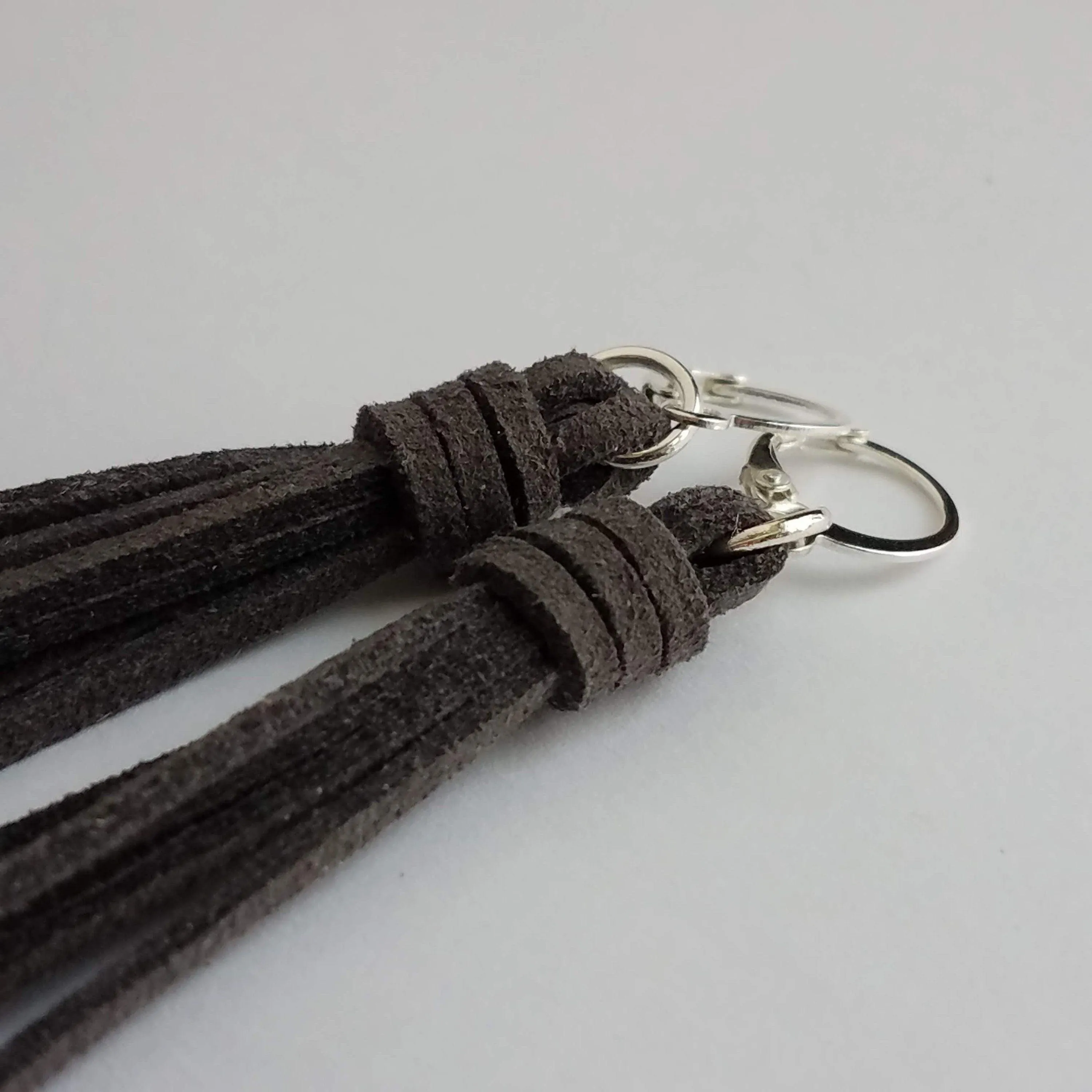 Dark Grey Long Tassel Earrings, faux suede tassel, vegan leather tassel, long gray tassel, silver huggie hoop, round lever back boho earring
