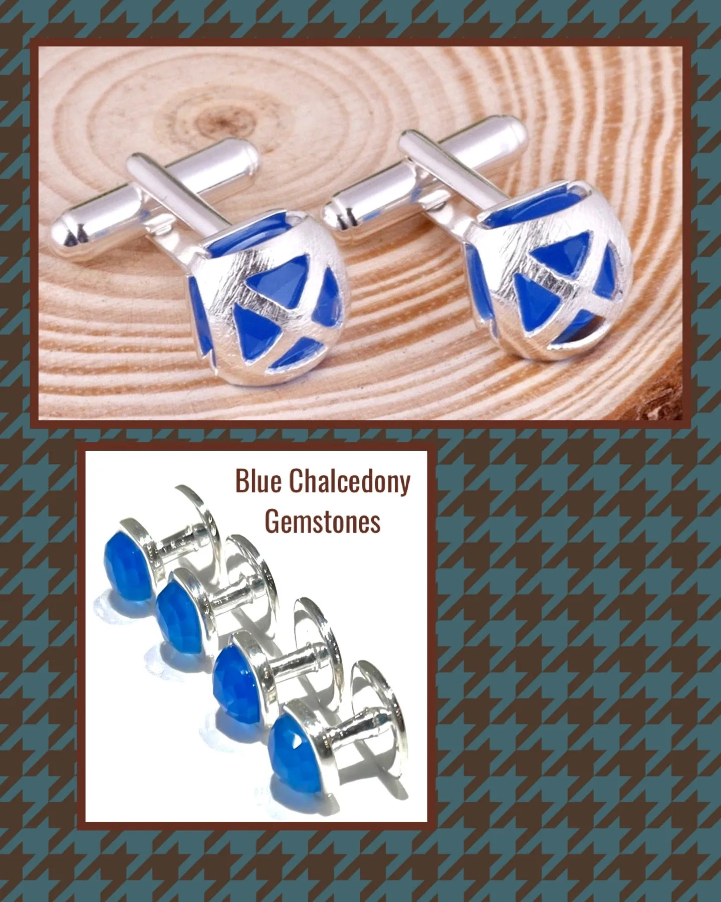 French Blue Chalcedony Gemstone Sterling Silver Cufflinks w/Engraved Logo