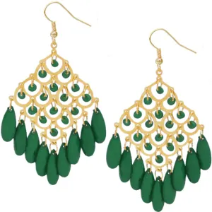 Green Beaded Dangle Chandelier Earrings