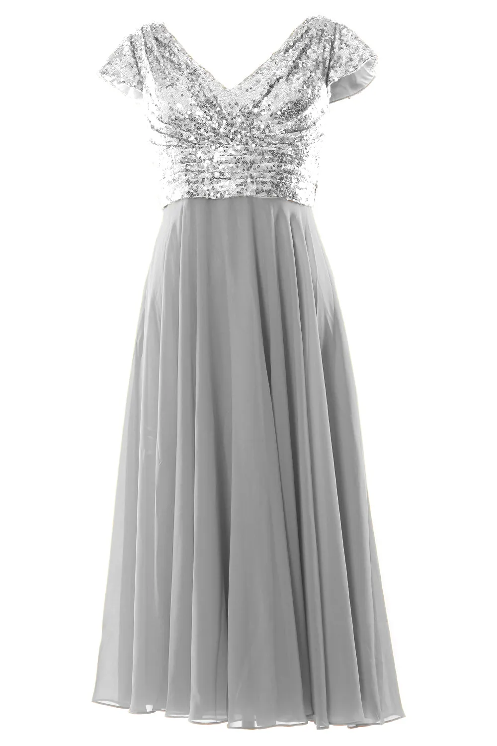 MACloth Women Mother of Bride Dresses Tea Length Sequin Cap Sleeves Bridesmaid