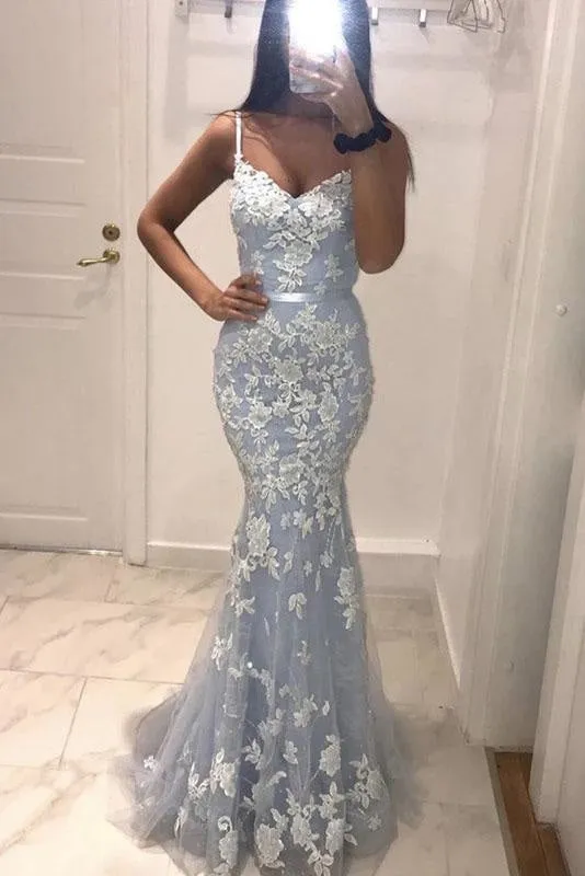 Sexy Spaghetti Straps Mermaid Prom Dress with Lace Appliques