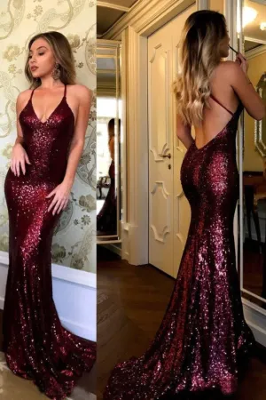 Sparkling Burgundy Sequins Mermaid V-neck Sweep Train Party Dress Prom Gown