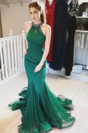 Stunning Halter Green Prom Dress with Beading Mermaid Tulle Evening Gown