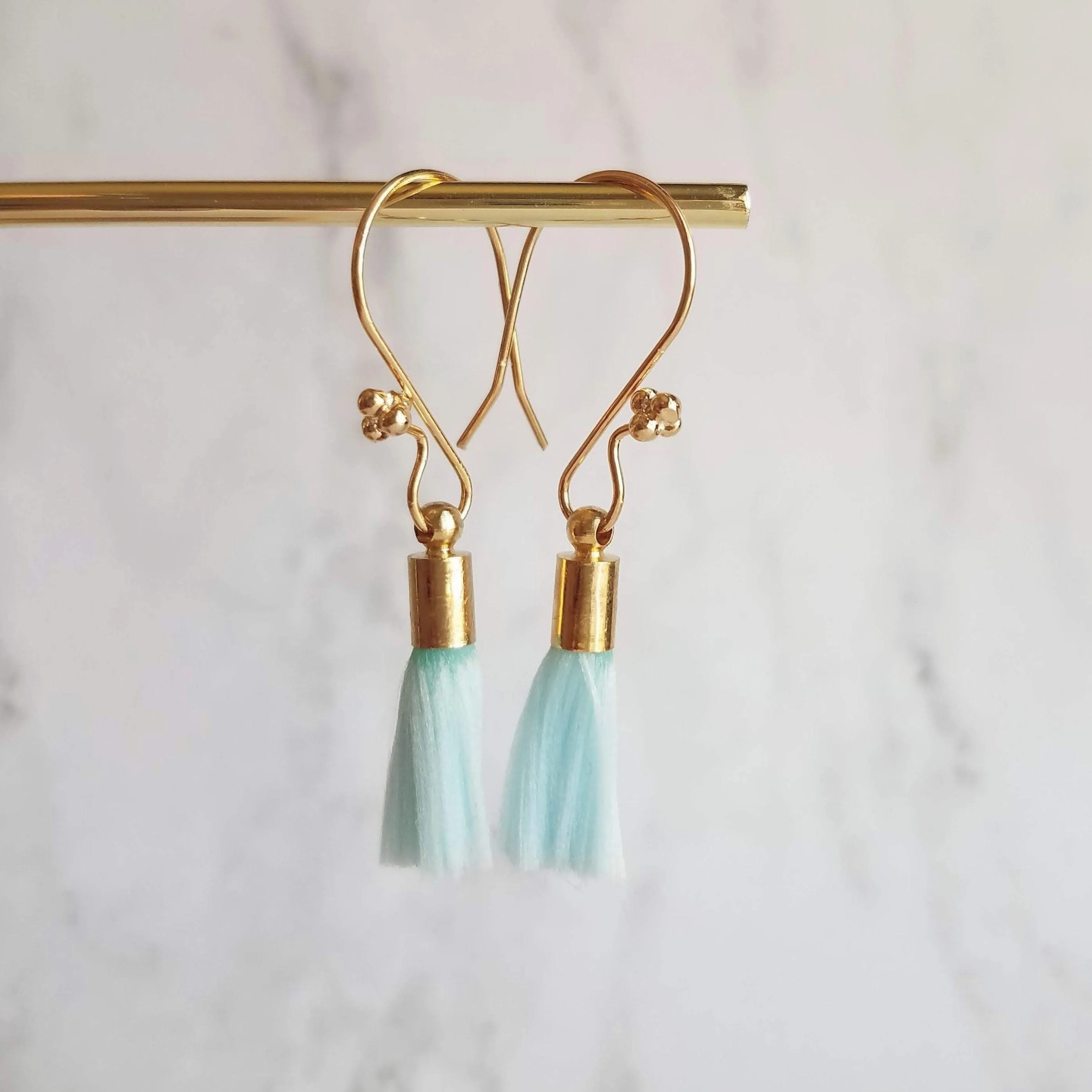 Tassel Earrings - gold cap fringe on fancy 4 ball hooks in teal, pale light blue, bright orange, hot/fuchsia pink, silky colorful jewelry