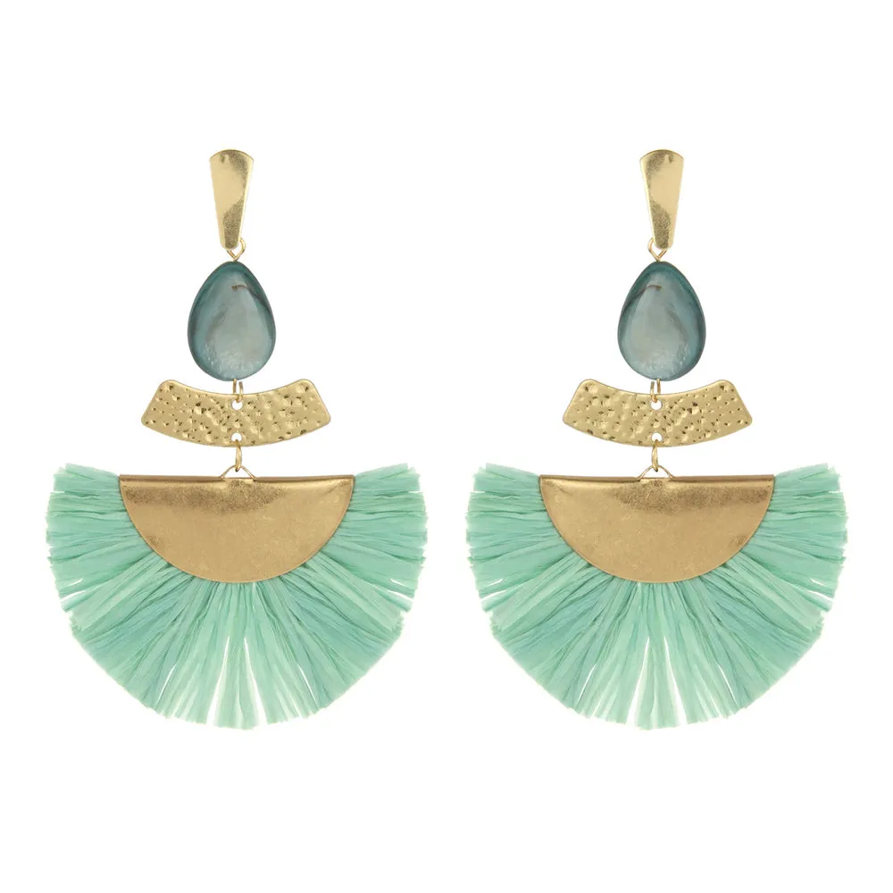 Teal Raffia Drop Tassel Fun Fashion Earrings | EY9448GMN
