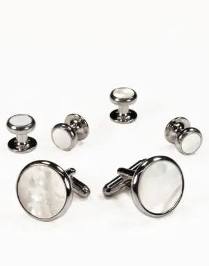 White Mother of Pearl in Silver Setting Studs & Cufflinks Set